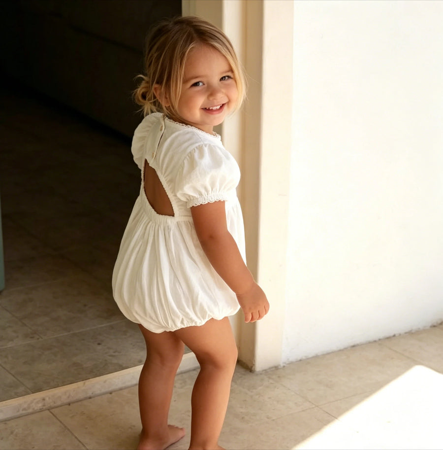 Nordic Cotton and Linen Short Sleeve Lace Jumpsuit with Hollow Out Back and V-Neck for Babies