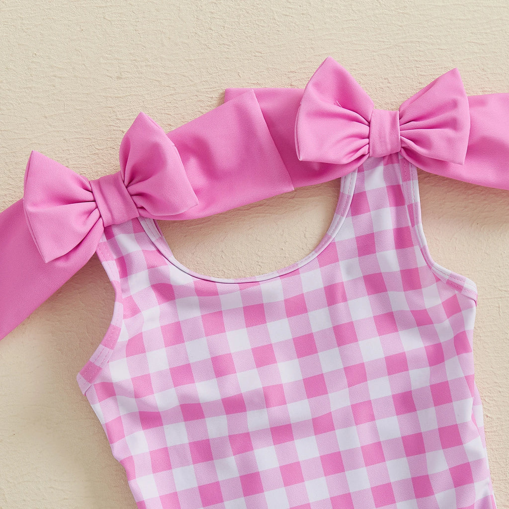 Plaid Print Girls Swimsuit with Ruffles and Double Bowknot