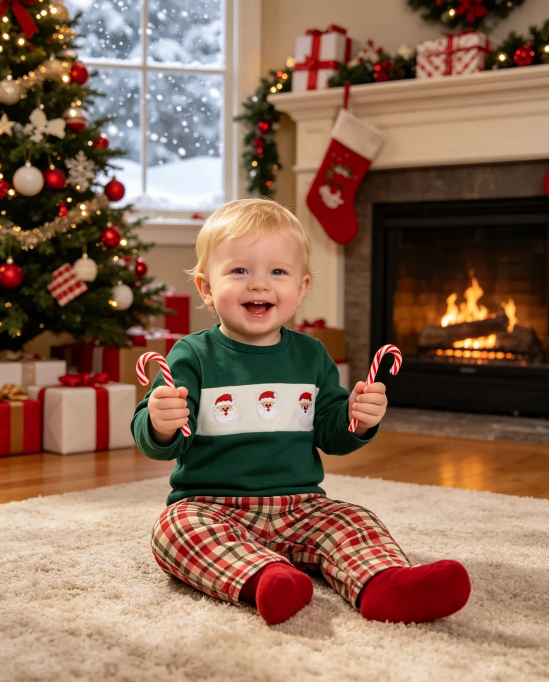 Child wearing a green long-sleeve top with three Santa faces across a white chest panel and coordinating red plaid pants.