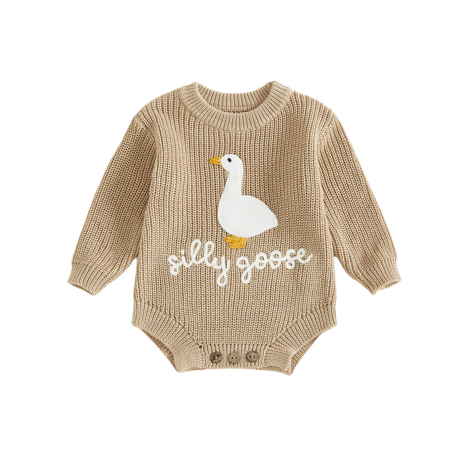 Knitted baby romper with long sleeves and white goose letter embroidery