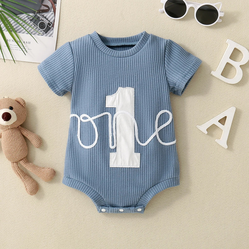 Embroidered Triangle Romper in Sky Blue for Baby Boys