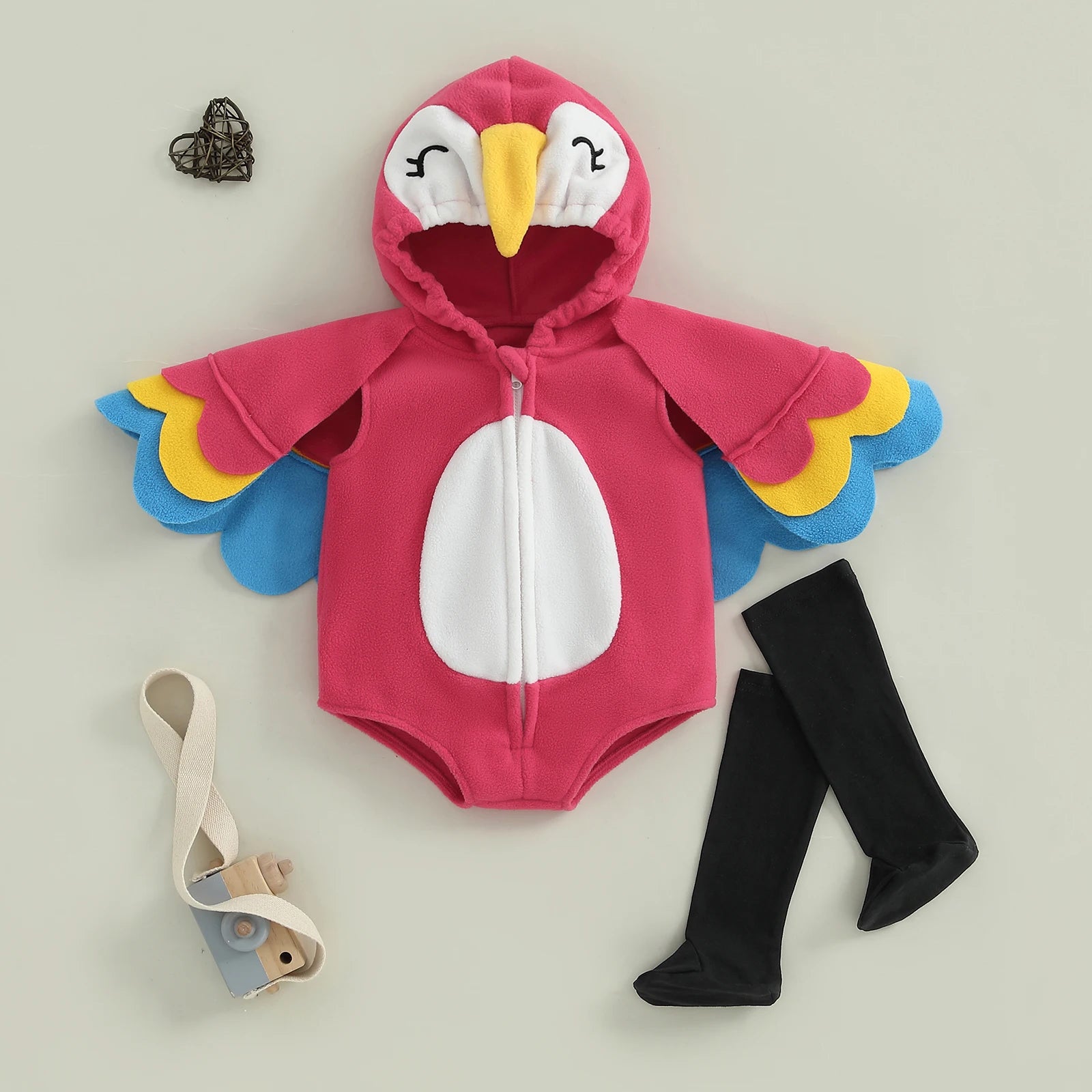 Pink bird hooded romper costume with wing sleeves and black socks