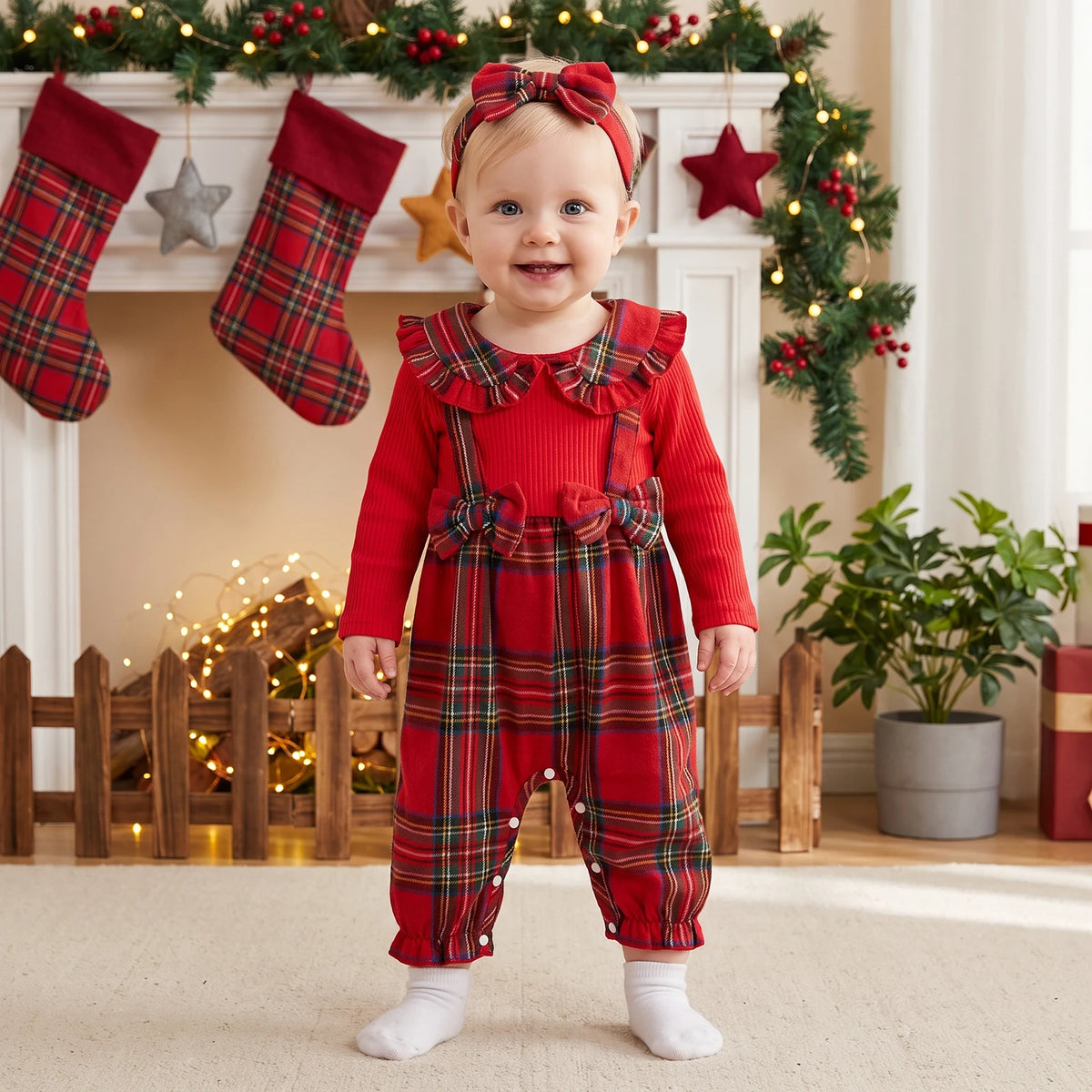 Child wearing a red long-sleeve romper with plaid legs, ruffled plaid collar, decorative straps, and a coordinating bow headband.