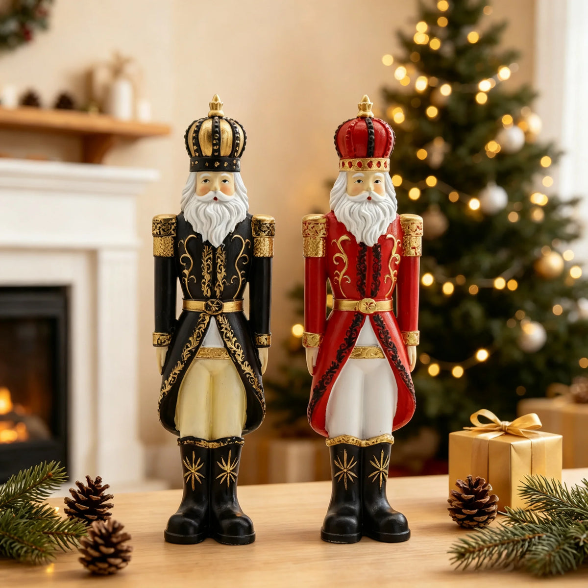 Pair of crowned Christmas nutcracker figurines in black and red with gold-colored details