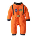 Orange astronaut romper with black belt and patches front view