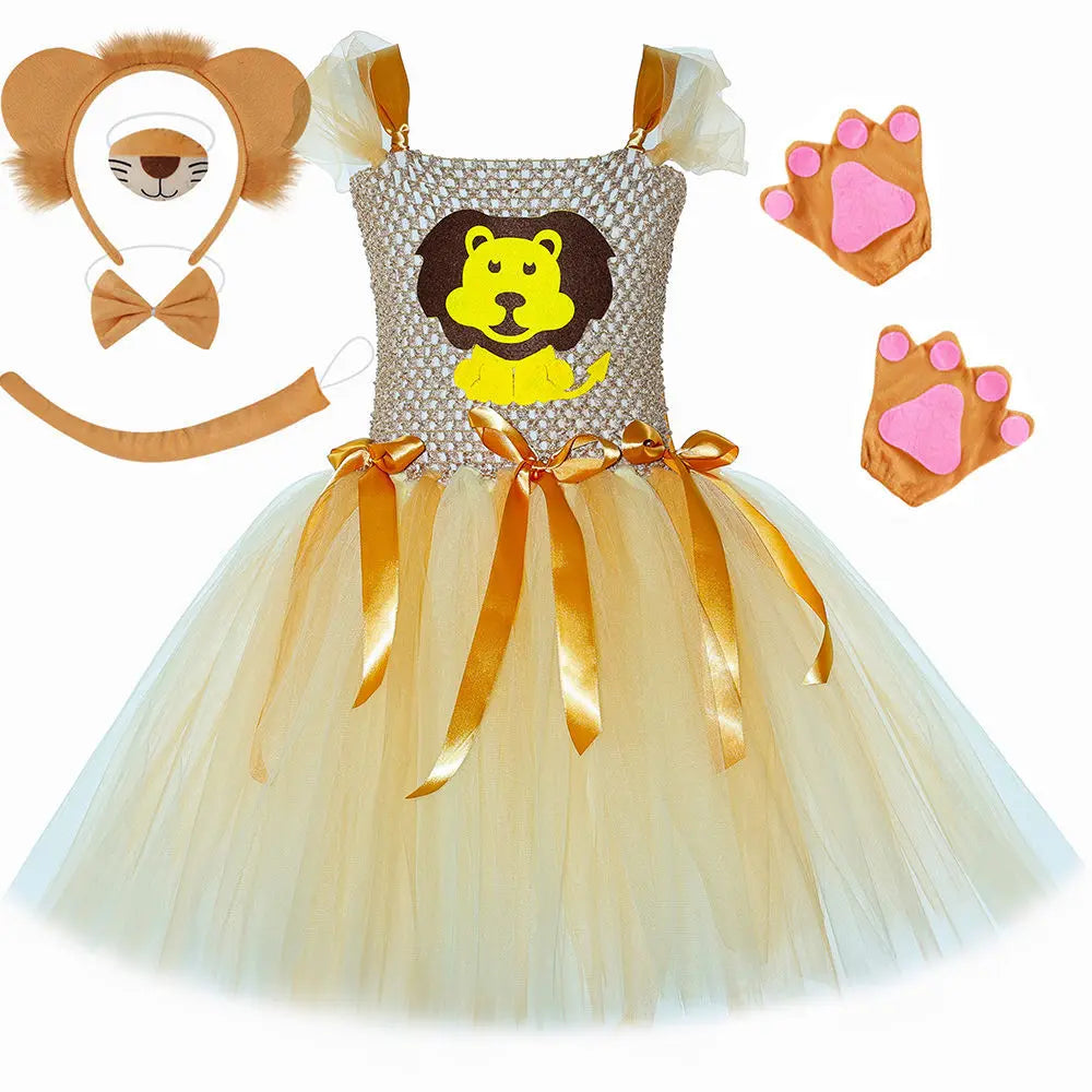 Lion themed tulle tutu dress with lion face applique and satin ribbons, shown with accessories including headband, bow tie, a