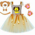 Lion themed tulle tutu dress with lion face applique and satin ribbons, shown with accessories including headband, bow tie, a