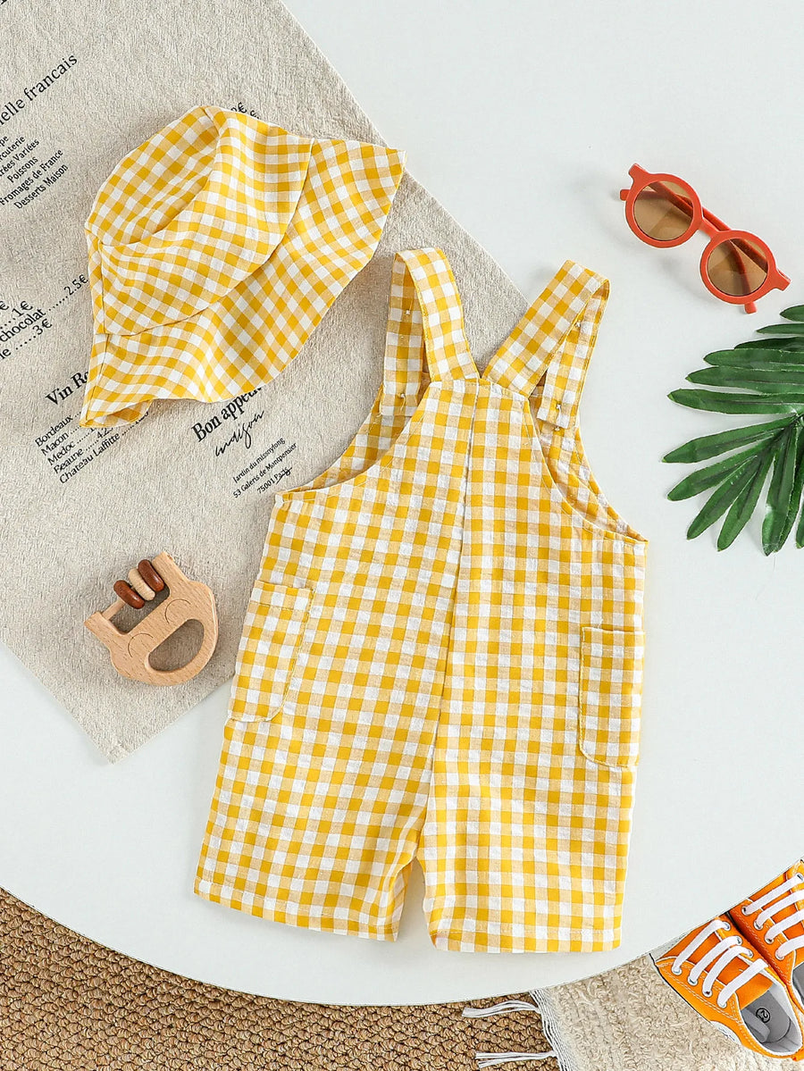 Front view of Plaid Sleeveless Overalls for Babies