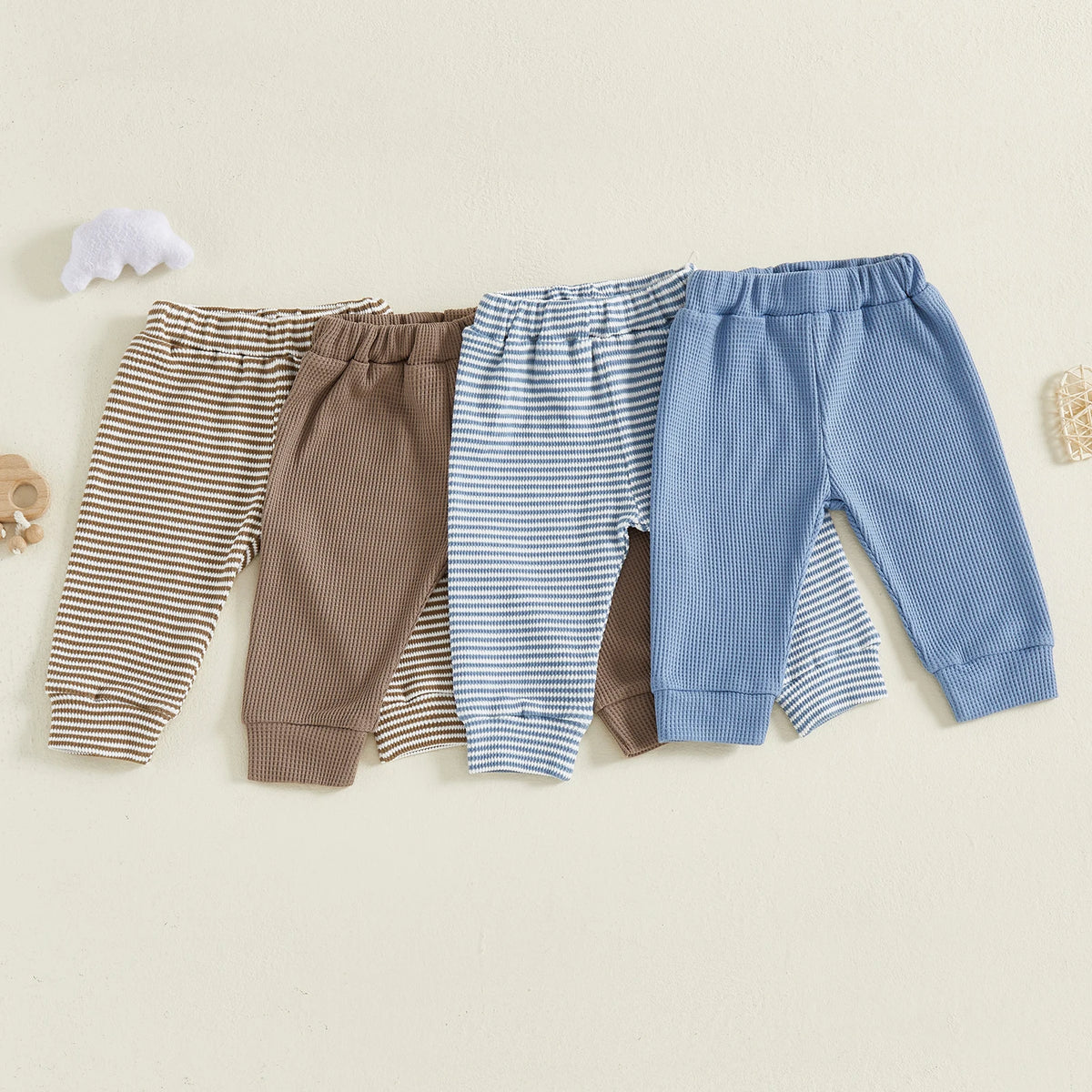 Baby Boys 2 Pack Pants Set Solid Color Striped Elastic Waist Long Pants for Daily