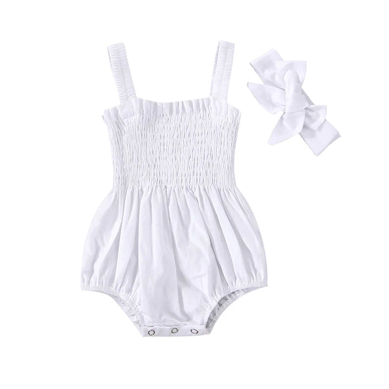 Sleeveless romper outfit for baby girls with headband