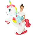Child wearing an inflatable unicorn costume with rainbow horn and mane