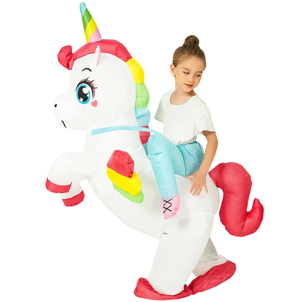 Child wearing an inflatable unicorn costume with rainbow horn and mane