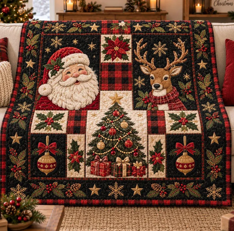 Santa and Reindeer Patchwork Throw Blanket