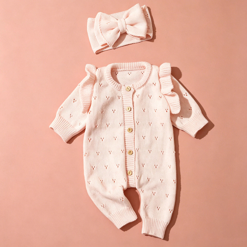 Baby Photography Featuring Pink Ruffle Sleeve Knit Romper Set
