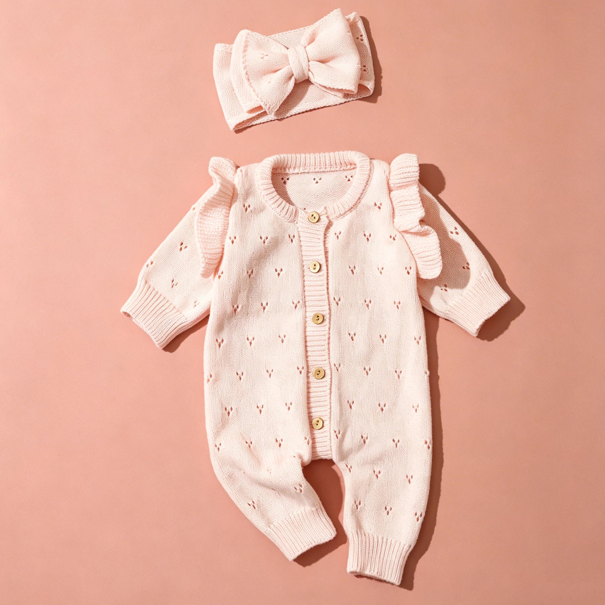 Baby Photography Featuring Pink Ruffle Sleeve Knit Romper Set