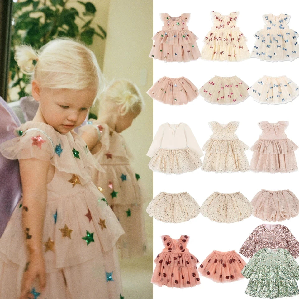 Girls Star Sequins Mesh Princess Dress with Casual Skirt