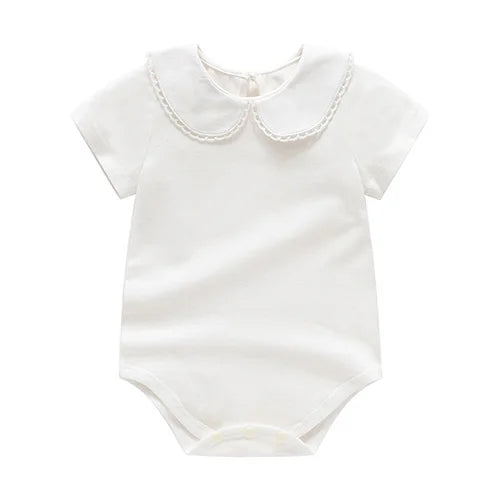 White Petite Fleur short-sleeve bodysuit with Peter Pan collar