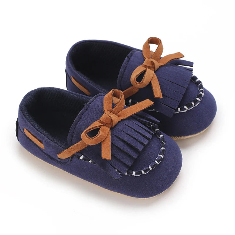Navy tassel-bow baby moccasin first walkers