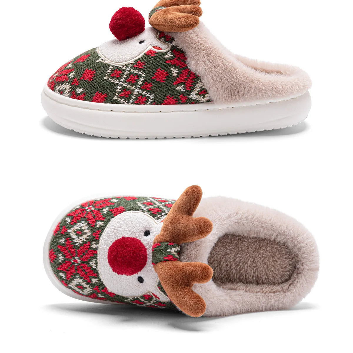 Pine green patterned reindeer slippers with red pom-pom noses, brown antlers, fluffy cream trim, and white soles, shown from the side and above.