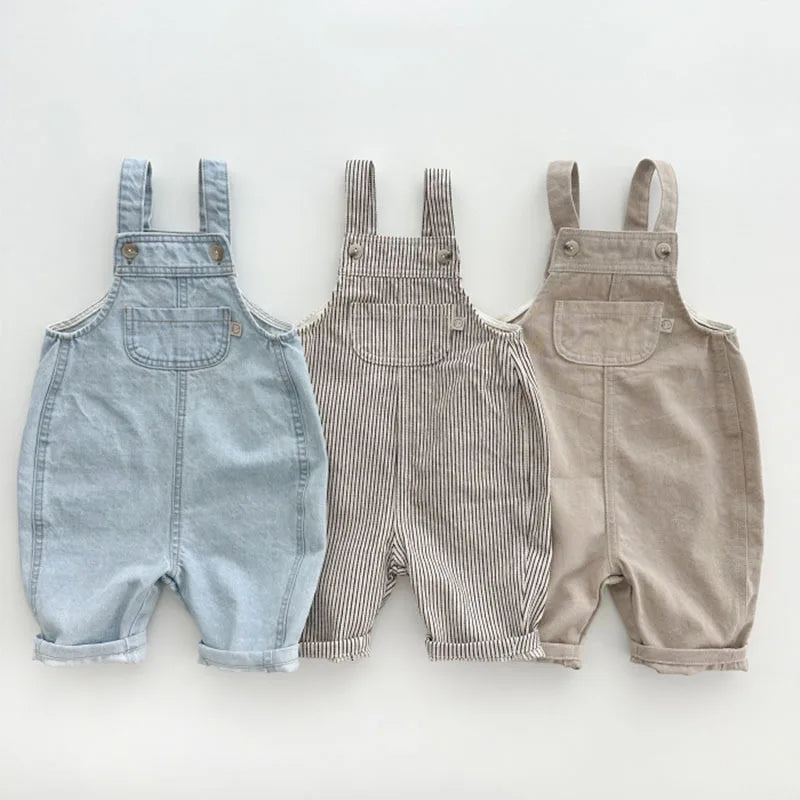 Side view of Toddler Cotton Overalls with Solid Button Sling in Khaki