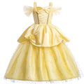 Yellow princess dress costume with puffed sleeves and glittery layered skirt