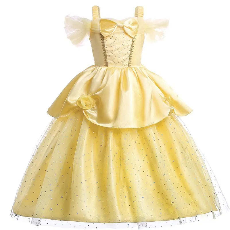 Yellow princess dress costume with puffed sleeves and glittery layered skirt