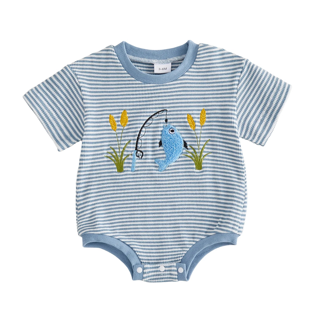 Baby wearing Fish Embroidery Romper outdoors