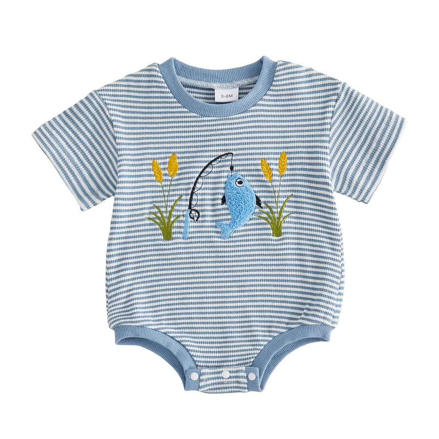 Baby wearing Fish Embroidery Romper outdoors