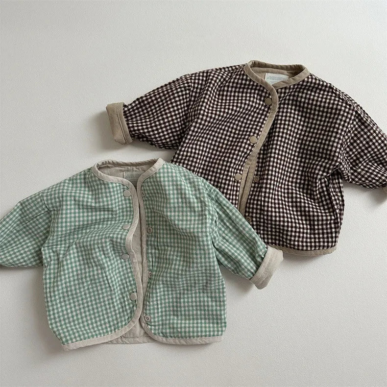 Plaid long sleeve cotton coat for baby and toddler in brown color