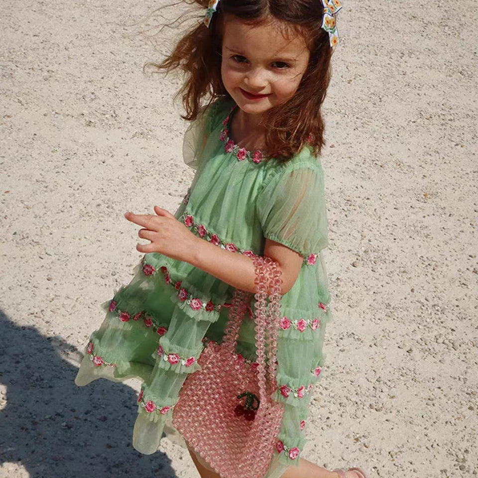 Girls Vacation Pretty Dress 2025 KS Girl Mesh Princess Dress with Tiered Skirt for Party and Birthday