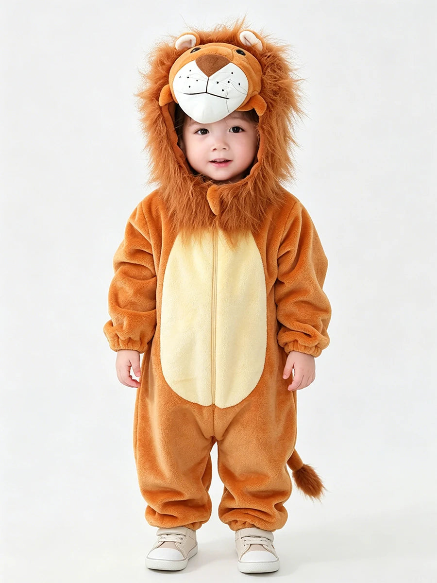 Toddler wearing a camel-colored plush lion jumpsuit costume with hood and tail