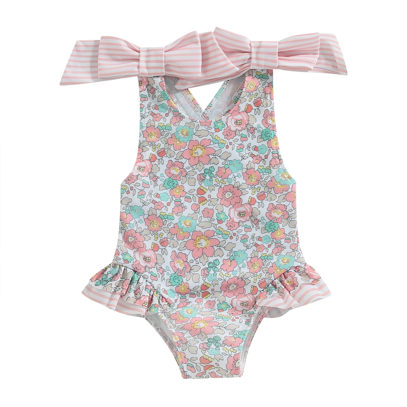 Floral Bow Backless Swimsuit displayed on hanger