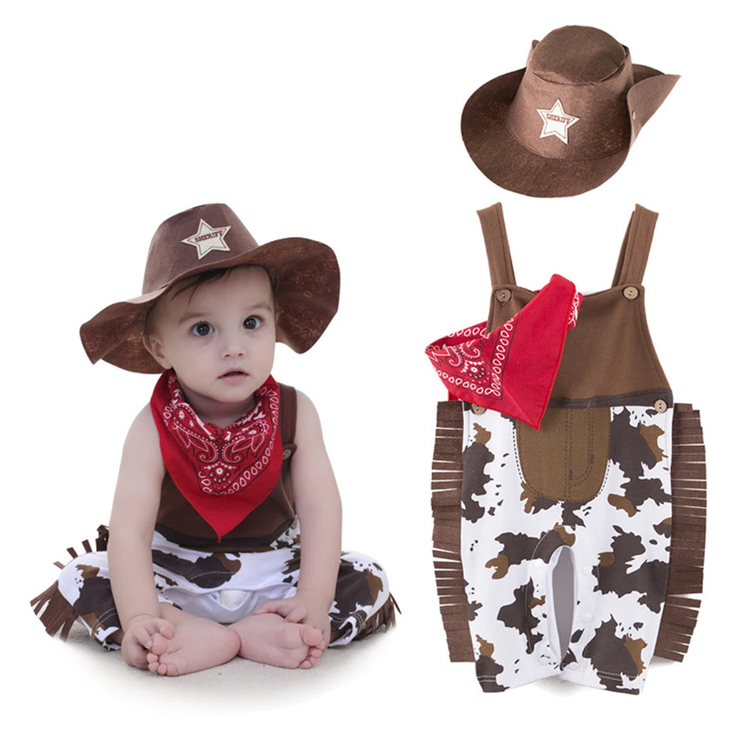 Toddler wearing cowboy costume set with hat and bandana