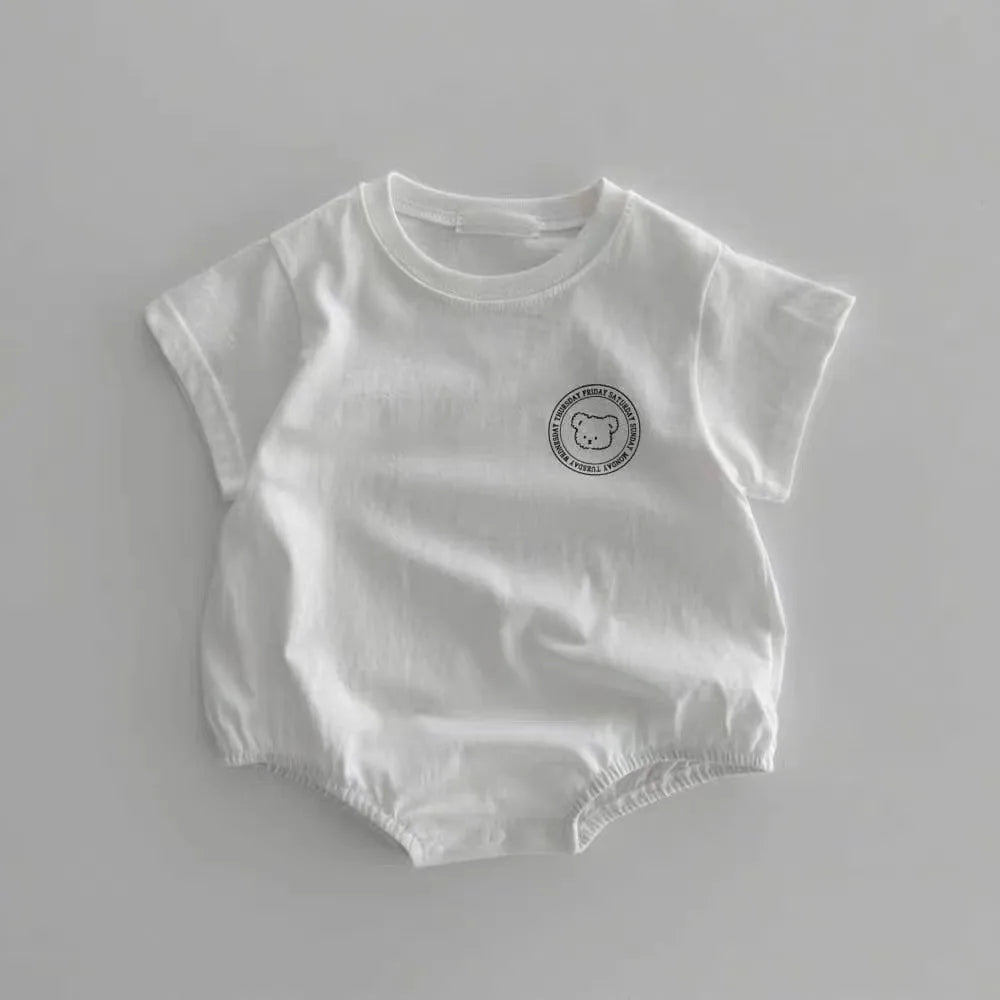 Cartoon Bear Short Sleeve Baby Bodysuit on hanger