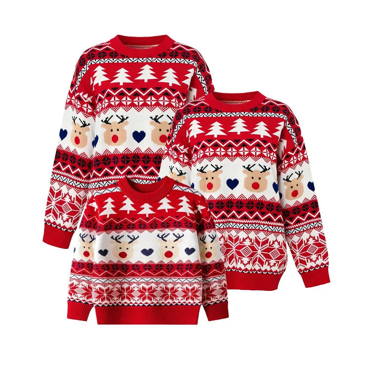 Three red-and-white Christmas sweaters with reindeer faces, hearts, trees, snowflakes, and geometric patterned bands.