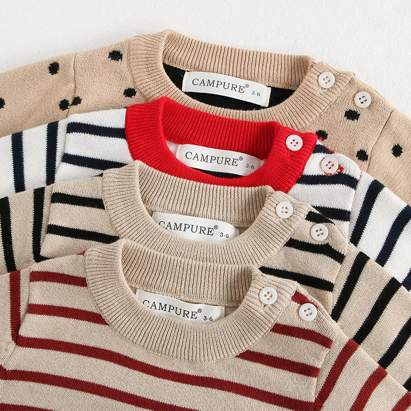 Classic Striped Baby Sweatshirt with Shoulder Buckle in red stripe