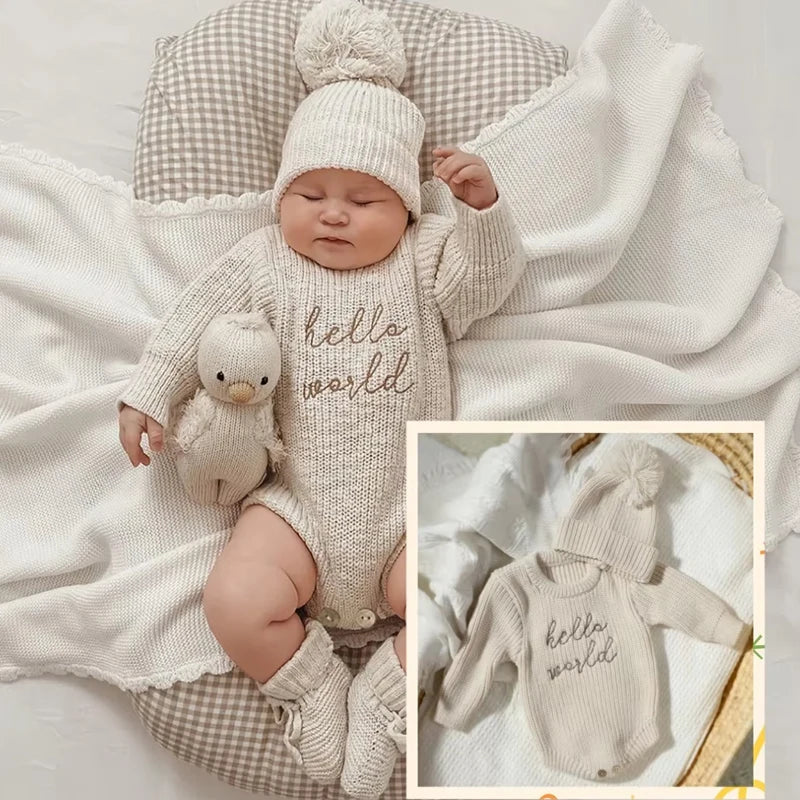 Hello World Knitted Romper with Matching Pomp Hat for Newborn Photography