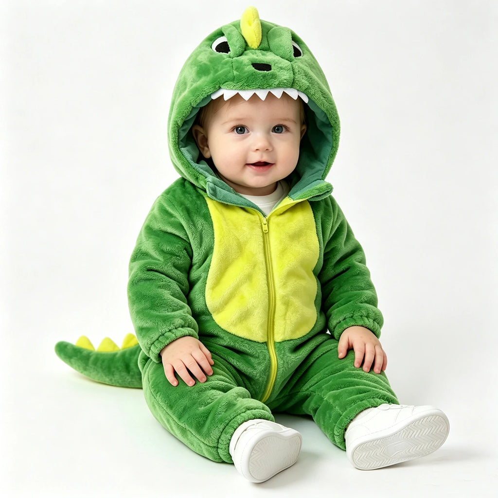 Green dinosaur plush jumpsuit costume front view