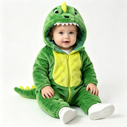 Green dinosaur plush jumpsuit costume front view