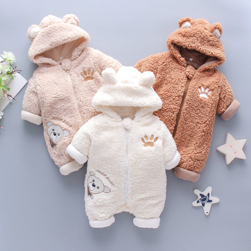 Embroidered bear lamb hair baby romper with hood and long sleeves in brown color