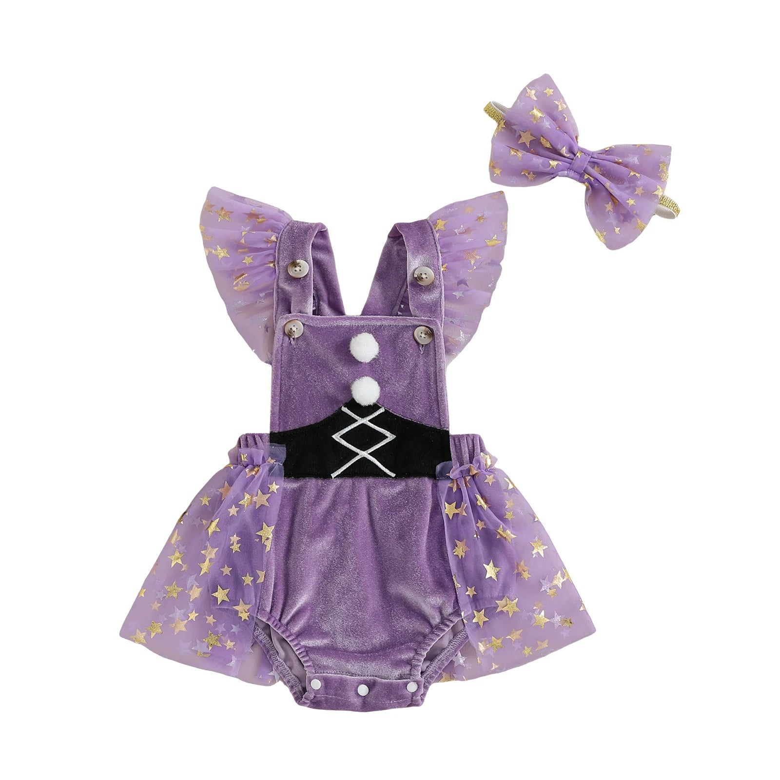 Purple baby romper with witch costume design, star print tulle skirt, and matching bow headband