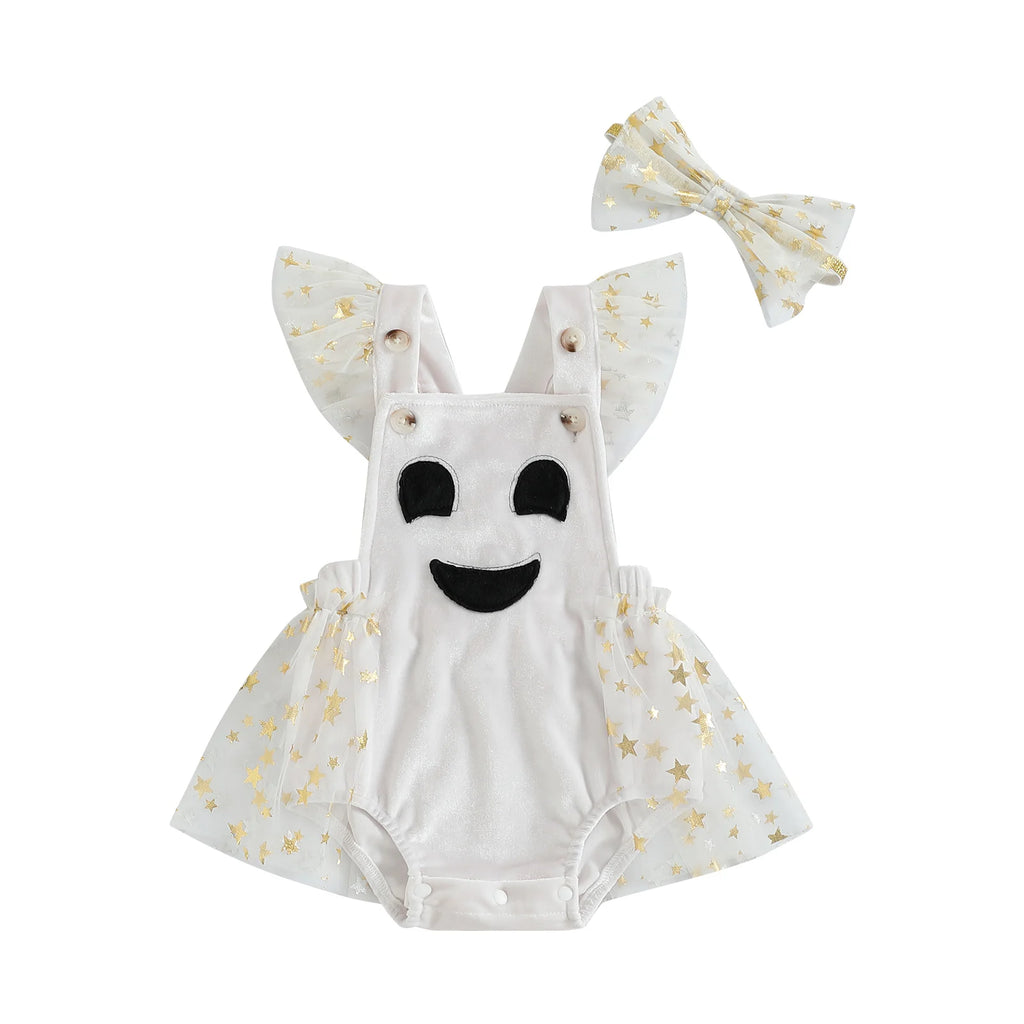 White baby romper with ghost face, star print tulle skirt, and matching bow headband