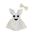 White baby romper with ghost face, star print tulle skirt, and matching bow headband