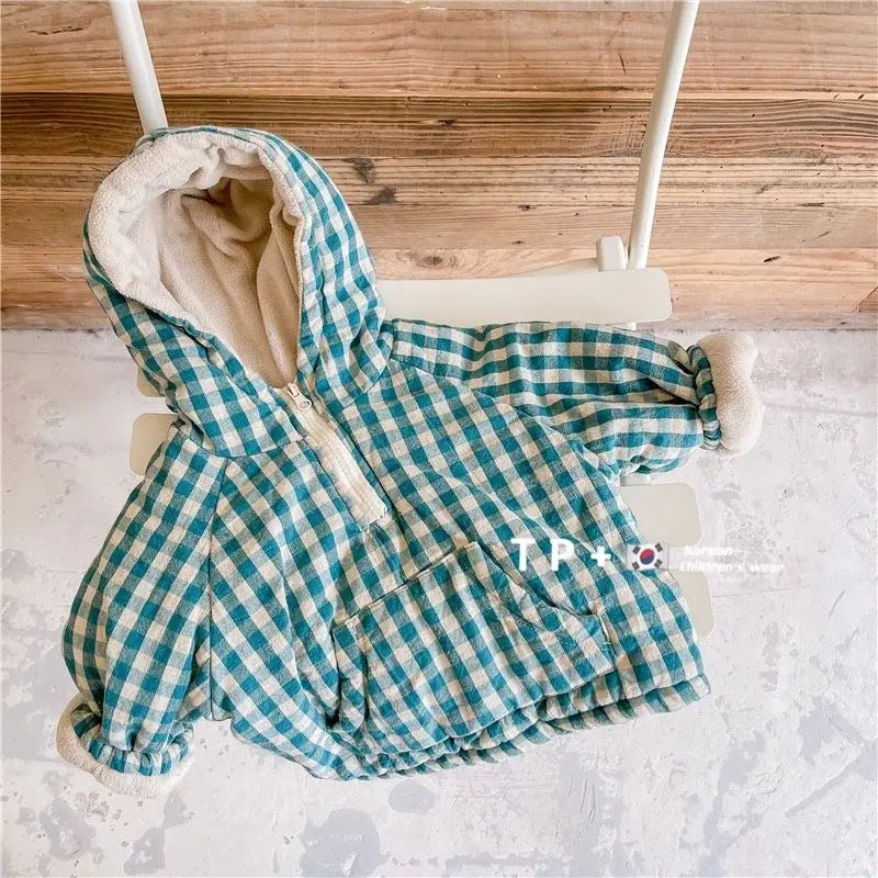 Plaid Cotton Kids Jacket with Plush Warmth showing hood detail