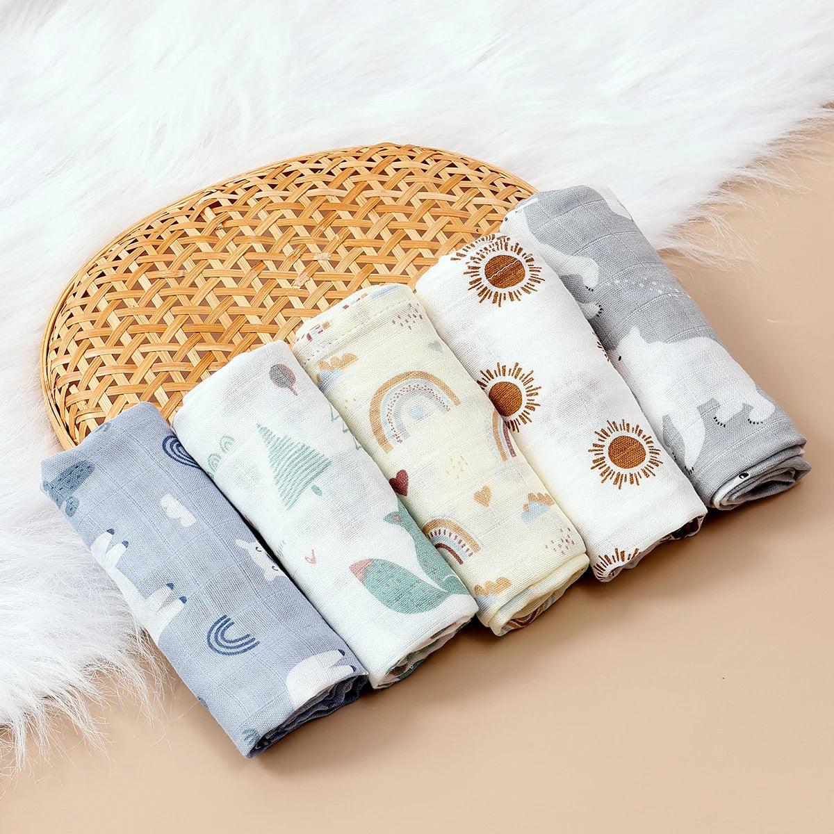 5-Piece Bamboo Cotton Muslin Burp Cloth Set – 23.6 × 23.6 in (60 × 60 cm) - Sunny