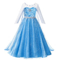 Blue long sleeve princess costume dress with floral applique and sheer cape