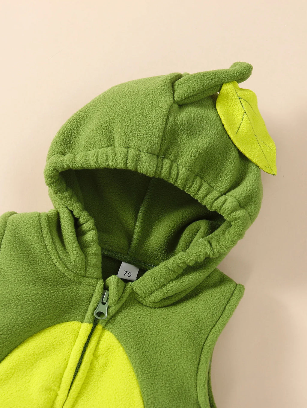 Close-up of hood with leaf detail on avocado romper costume