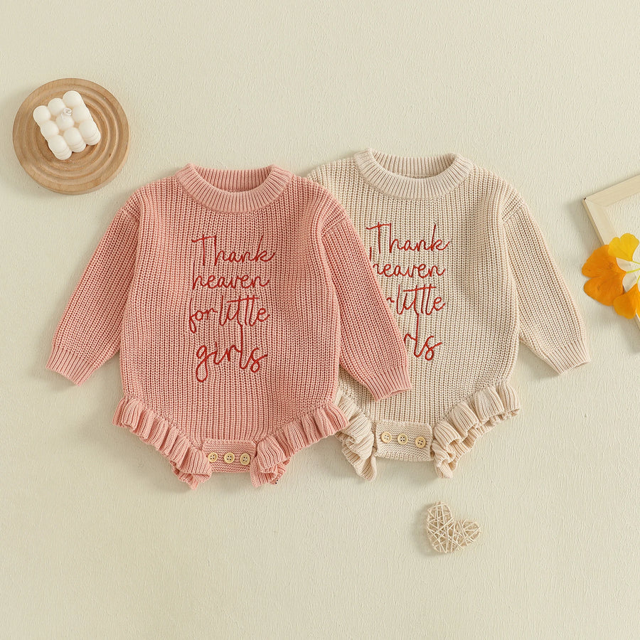 Lovely Baby Sweater Romper with Letter Embroidery and Ruffles