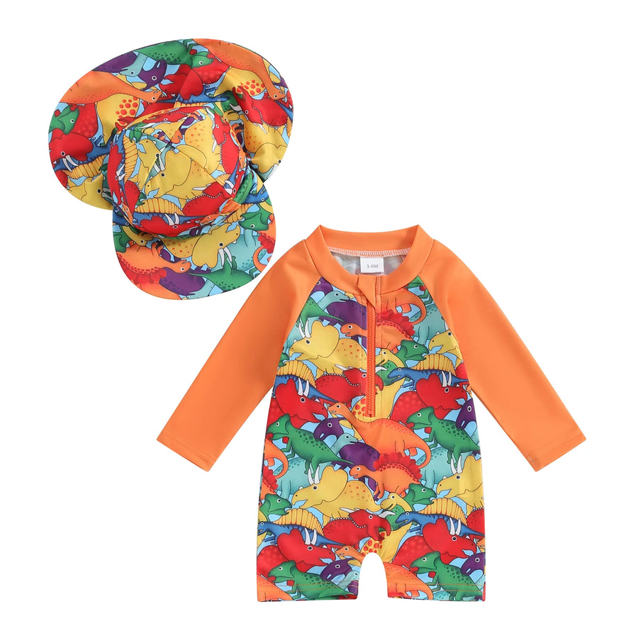 Floral Zip-Up Swimwear Set with Hat for Toddlers