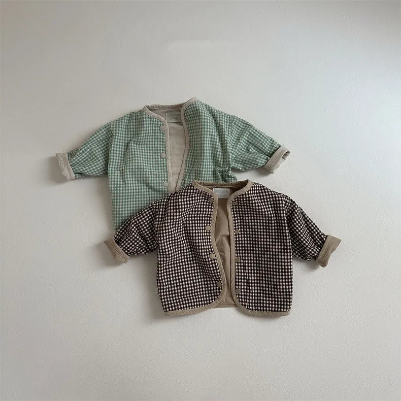 Plaid long sleeve cotton coat for baby and toddler in apricot color